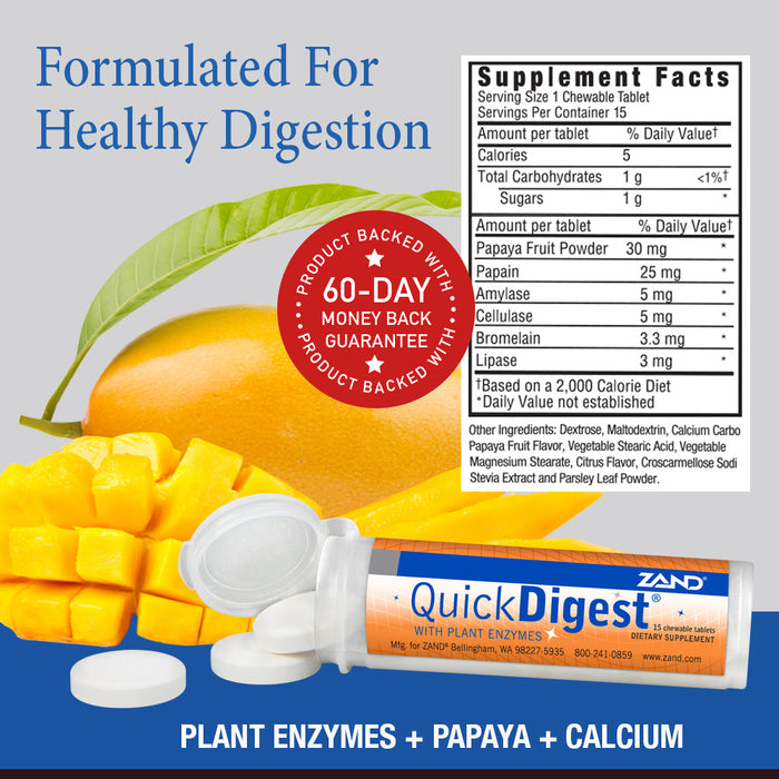 Zand Quick Digest with Plant Enzymes | Healthy Digestion Support w/ Lipase, Cellulase, Amylase, Papain, Bromelain, Papaya & Calcium | 15 Chewables