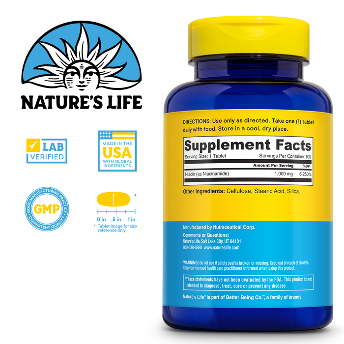 Nature's Life Energizing Niacinamide, Vitamin B3 1000mg - High Potency, No Flush Niacin Supplement - Nerve Function, Energy and Metabolism Support - 60-Day Guarantee - 100 Servings, 100 Tablets