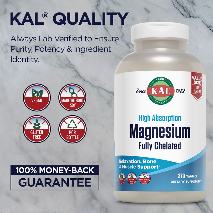 KAL Magnesium Glycinate 315mg, Fully Chelated, High Absorption Magnesium Supplement for Stress, Relaxation, Muscle & Bone Health Support, Vegan, Gluten Free, Value Size, 90 Servings, 270 Tablets