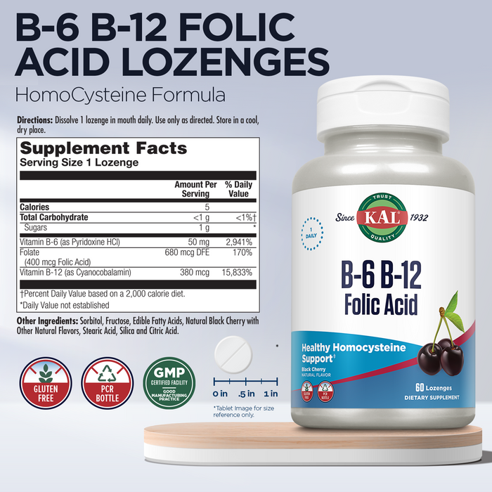 KAL Vitamin B-6 B-12 Folic Acid Supplement, B Vitamins for Healthy Energy, Heart & Red Blood Cell Support, w/ Vitamin B12 Methylcobalamin and Folate, Natural Cherry, Gluten Free, 60 Serv, 60 Lozenges