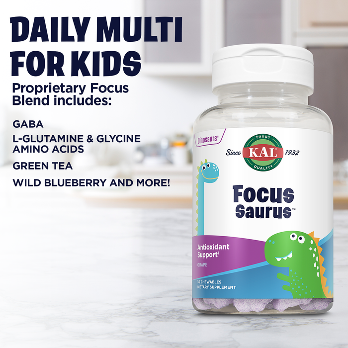 KAL Focus Saurus Chewables - GABA and Antioxidant Focus Supplement for Kids - Vitamin C, Green Tea, B Vitamins, Amino Acids, Fun Dinosaur Shapes, Gluten Free, 60-Day Guarantee, 30 Serv, 30 Grape Chews
