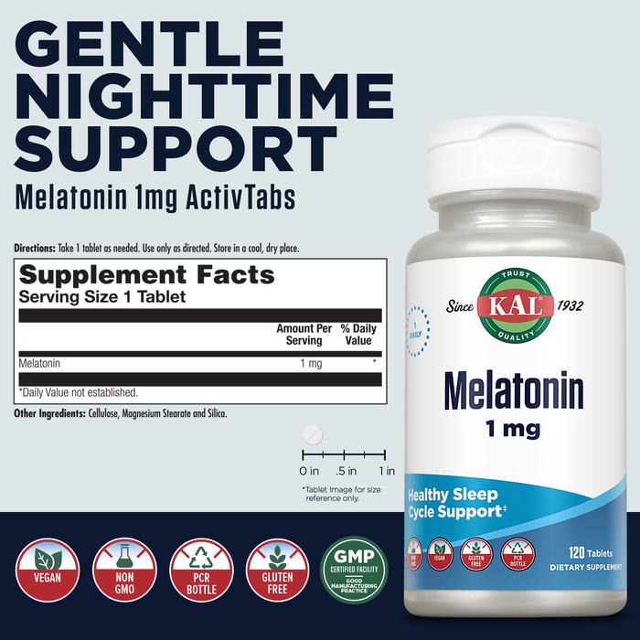 KAL Melatonin 1mg, Fast Acting Melatonin Tablets, Calming Relaxation and Sleep Cycle Support, Vegan, Gluten Free, Non-GMO, 60-Day Guarantee, 120 Servings, 120 Tablets