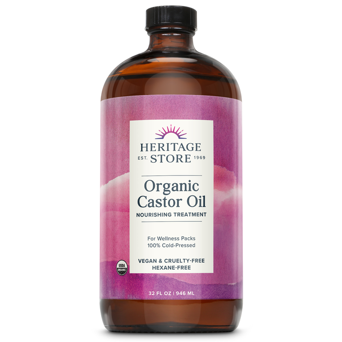 HERITAGE STORE Organic Castor Oil, Glass Bottle, Cold Pressed, Rich Hydration for Hair & Skin, Bold Lashes & Brows 16oz (32 Fl Oz)