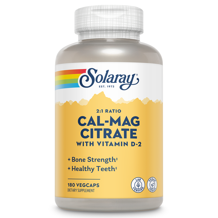 Solaray Calcium Magnesium Citrate 2:1 Ratio - Calcium Supplements for Women and Men w/ Magnesium and Vitamin D 2 - Bone Health, Muscle and Nerve Support - Vegan, 60-Day Guarantee, 30 Serv, 180 VegCaps