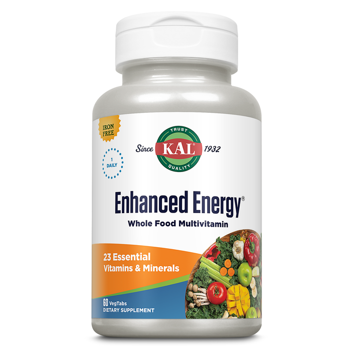 KAL Enhanced Energy Supplements, Once Daily Whole Food Multivitamin for Women and Men, Iron Free, 23 Essential Vitamins, Minerals, Super Foods, Digestive Enzymes, 60-Day Guarantee, 60 Serv, 60 VegTabs