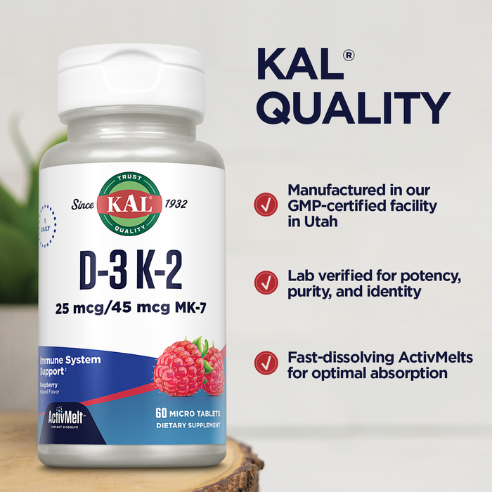 KAL Vitamin D3 K2 ActivMelt, Bone Health, Heart and Immune Support Supplement w/ D3 1000 IU and MK7 Vitamin K2, Instant Dissolve Tabs, Natural Raspberry Flavor, 60 Servings, 60 Micro Tablets