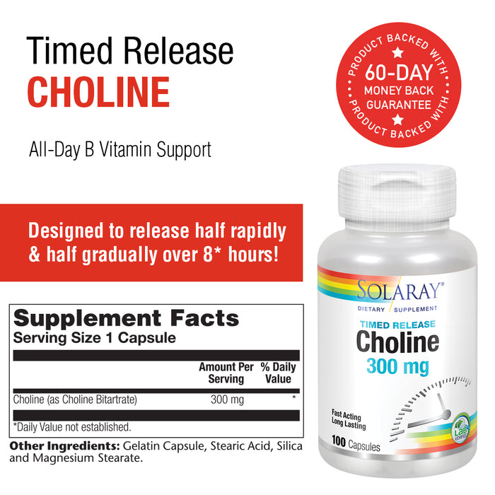 Solaray Choline, Two-Stage Timed-Release 300mg | B Vitamin for Healthy Brain Function & Cardiovascular Support | Non-GMO | 100 Capsules