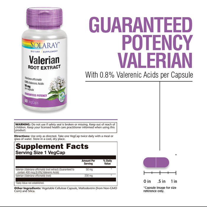 Solaray Valerian Root Extract 50 mg | Relaxation Support for a Healthy Sleep Cycle | 0.8% Valerenic Acids (60 CT)