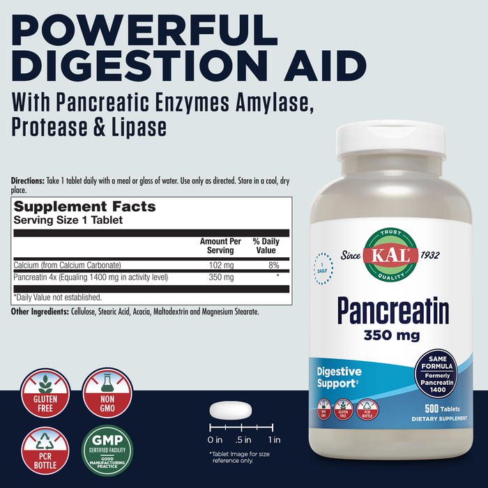 KAL Pancreatin 350mg, Digestive Enzymes for Women and Men, Pancreatic Enzymes for Digestive Health Support, Gluten Free, Non-GMO, Rapid Disintegration, 60-Day Guarantee, 500 Servings, 500 Tablets