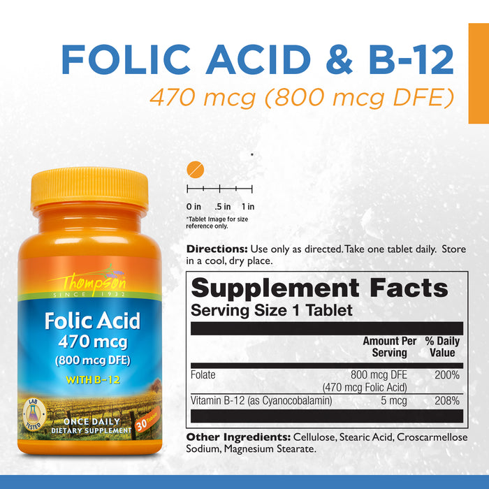 Thompson Folic Acid 470 mcg with B-12 | Healthy Cardiovascular Function & Homocysteine Level Support | 30 Tablets