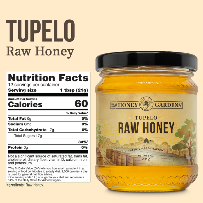Honey Gardens Tupelo Raw Honey, Premium Bee-Crafted Honey from Nectar of Florida White Tupelo Trees, Light, Buttery Flavor, Unpasteurized, Unfiltered, Unheated, 12 Servings, 9 OZ.