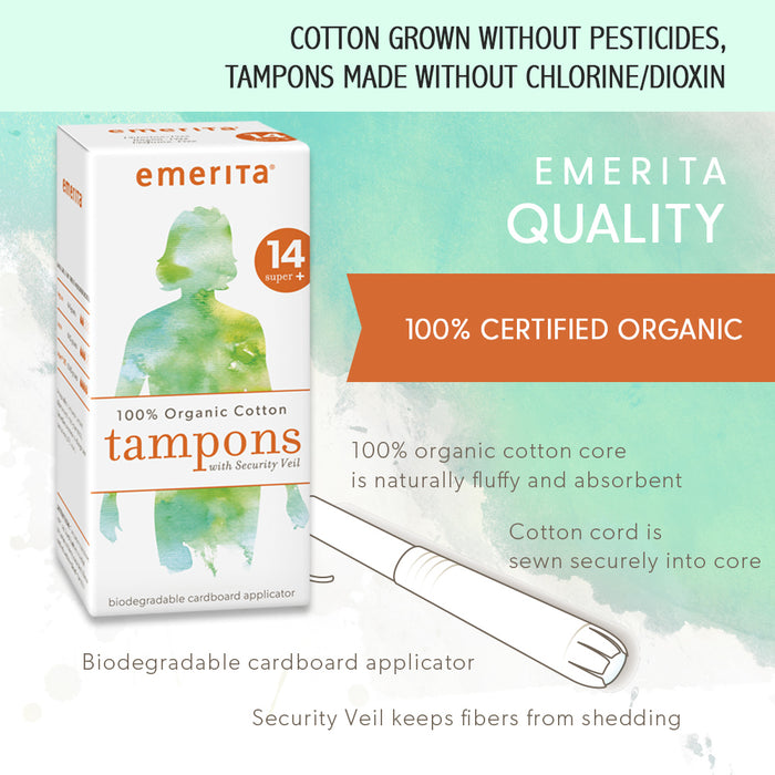Emerita 100% Organic Cotton Tampons w/ Applicator | No Chlorine (14 CT Super Plus)