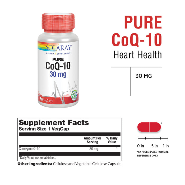 Solaray Pure CoQ-10 30 mg | Health Heart Function & Cellular Energy Support | Non-GMO, Vegan & Lab Verified for Purity | 60 VegCaps