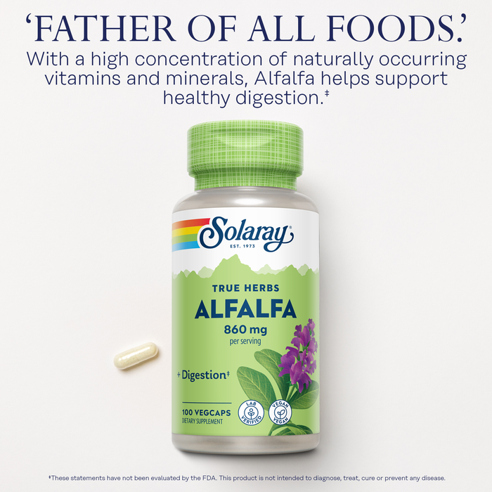 Solaray Alfalfa Leaf 860 mg, Alfalfa Capsules, Superfood with Naturally Occurring Vitamins, Minerals, and Fiber, Healthy Digestion Support, Vegan, 60-Day Guarantee, 50 Servings, 100 VegCaps