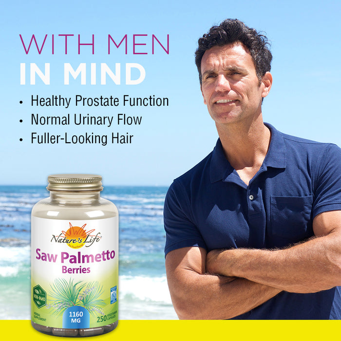 Nature's Life Saw Palmetto Berries 1160 mg | Healthy Prostate, Urination Frequency & Hair Health Support | Non-GMO | 250 Vegetarian Capsules