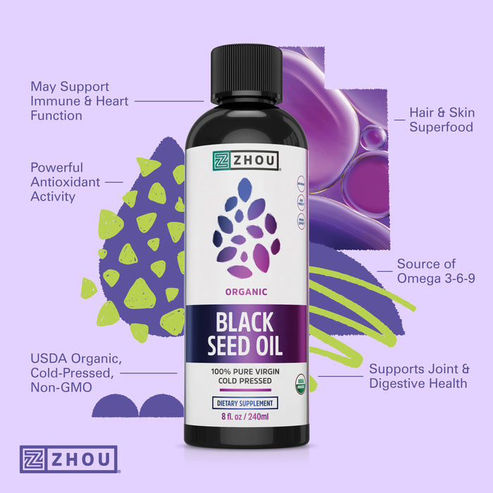 Zhou Organic Black Seed Oil | 100% Virgin | Cold Pressed Omega 3 6 9 | Super antioxidant for Immune Support, Joints, Digestion, Hair & Skin | 8oz