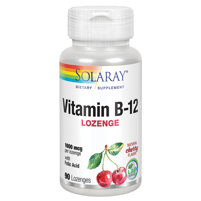 Solaray Vitamin B-12 1000mcg Lozenges with Folic Acid | Natural Cherry Flavor | Healthy Energy Support | 90CT