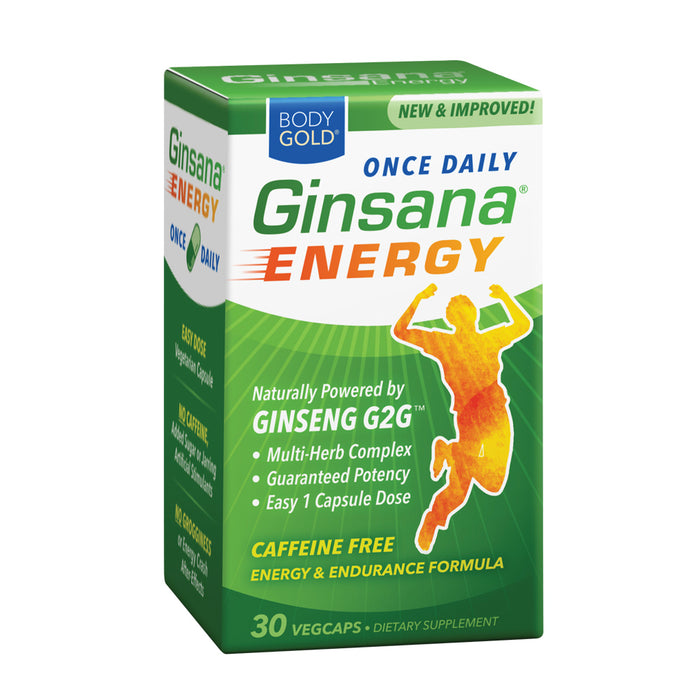 BodyGold Ginsana Energy, Once Daily | Panax Ginseng Extract w/ Energizing Herbal Blend for Focus & Endurance | No Caffeine