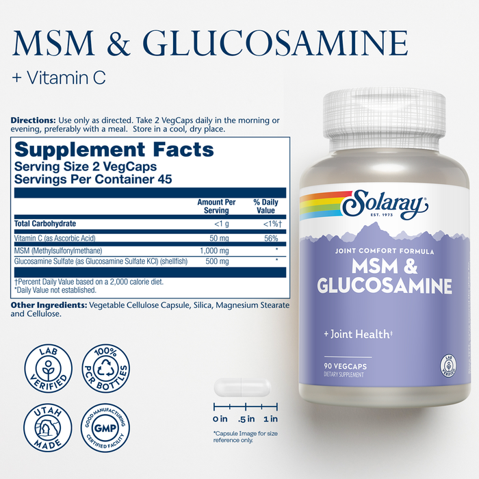 Solaray MSM & Glucosamine - Healthy Joint Support Supplement for Flexibility and Range of Motion - Vitamin C for Enhanced Absorption - Lab Verified - 60-Day Guarantee - 45 Servings, 90 VegCaps