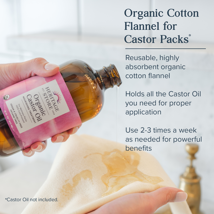 HERITAGE STORE Organic Cotton Flannel - Castor Oil Pack Wrap - Reusable, Highly Absorbent Castor Oil Wrap, Soothing Heat Compress for Abdomen, Joints and More, 60-Day Guarantee, Vegan, 13 in x 15 in