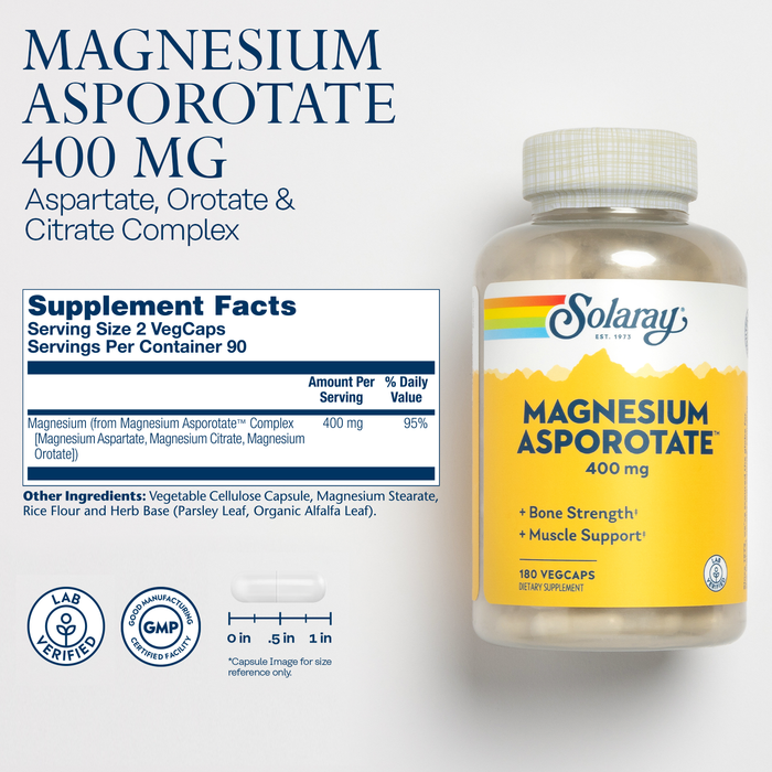 Solaray Magnesium Asporotate 400 mg, Aspartate, Orotate & Citrate Complex, Healthy Heart, Muscle, Nerve & Circulatory Function Support 180ct (90 Servings, 180 VegCaps)