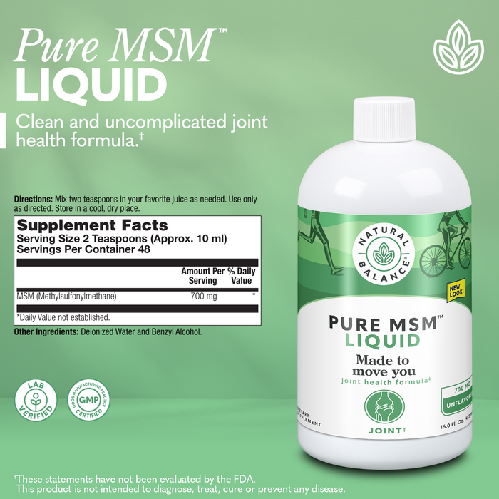 Natural Balance Pure MSM Liquid - 700 mg - Unflavored - Joint Support Supplement - Lab Verified for Purity and Potency - 60-Day Money-Back Guarantee - 48 Servings, 16 Fl. Oz.