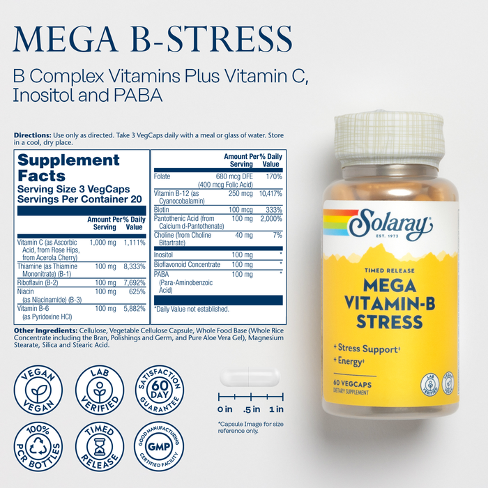SOLARAY Mega Vitamin B-Stress - Timed Release Vitamin B Complex w/ Vitamin B12, B6, Folic Acid, Vit. C - Stress, Energy, Red Blood Cell, Immune Support - Vegan, 60-Day Guarantee (60 Count (Pack of 1))