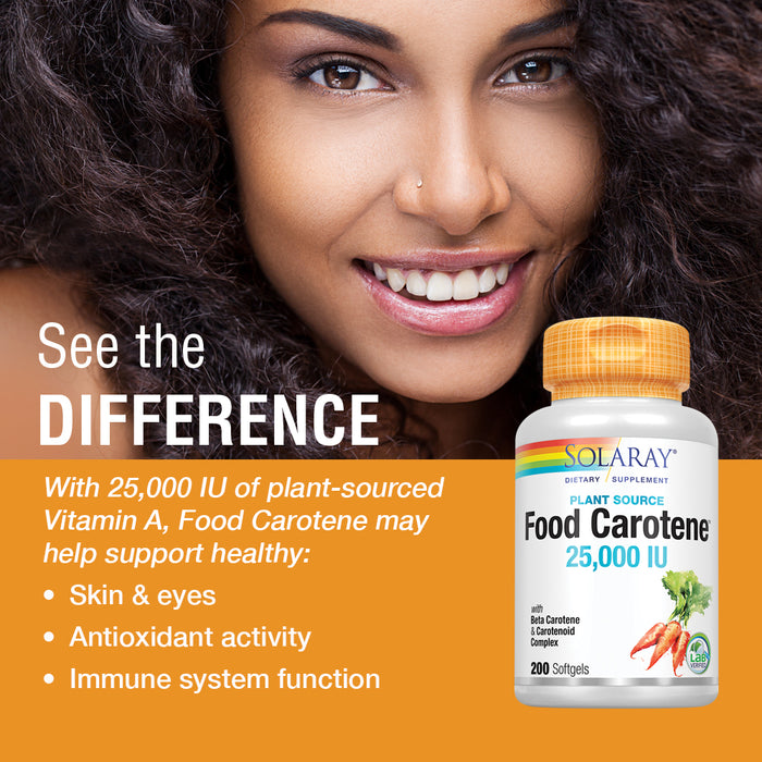 Solaray Food Carotene, Vitamin A as Beta Carotene 25000IU Carotenoids for Healthy Skin & Eyes, Antioxidant Activity & Immune System Support (076280041217) (200 CT)