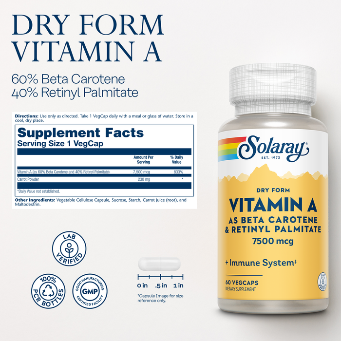 Solaray Dry Form Vitamin A - Vitamin A as 60% Beta Carotene and 40% Retinyl Palmitate with Carrot Powder - Eyes, Antioxidant Activity, and Immune System Support -  60 Servings, 60 VegCaps