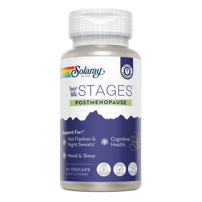 Solaray Postmenopause her life STAGES - Post Menopause Supplements for Women with Resveratrol - Vegan and Made Without Hormones - 60-Day Guarantee - Vegan, Lab Verified - 30 Servings, 60 VegCaps