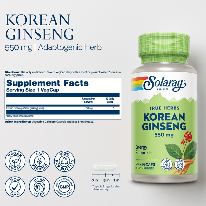 Solaray Korean Ginseng 550 mg - Ginseng Root - Stress, Physical Endurance and Energy Supplements - Non-GMO, Vegan, Lab Verified - 50 Servings, 50 VegCaps
