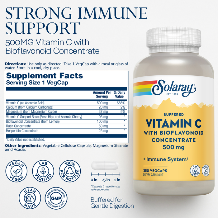 Solaray Buffered Vitamin C 500mg - With Bioflavonoids, Rose Hips and Acerola Cherry - Immune Support Supplement - Easy to Digest, Vegan, Lab Verified, 60-Day Guarantee - 250  Servings, 250 VegCaps