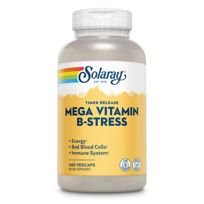 SOLARAY Mega Vitamin B-Stress - Timed Release Vitamin B Complex w/ Vitamin B12, B6, Folic Acid, Vit. C - Stress, Energy, Red Blood Cell, Immune Support - Vegan, 60-Day Guarantee ( 80 Serv, 240 VegCaps)