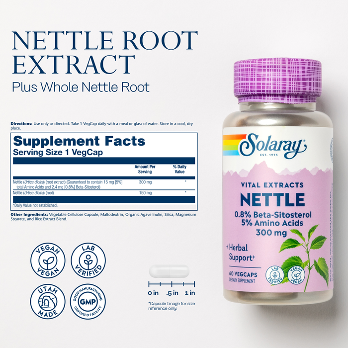 Solaray Nettle Root Extract 300mg Healthy Male Urinary & Prostate Support Guaranteed Potency Amino Acids & Beta-Sitosterol Non-GMO 60 VegCaps