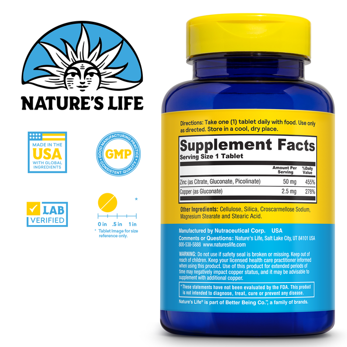 NATURE'S LIFE Protecting Zinc 50mg with 2.5mg Copper - Chelated Zinc Supplement for Immune Support, Bone Health, Muscle Function and Heart Health Support, 60-Day Guarantee, 250 Servings, 250 Tablets
