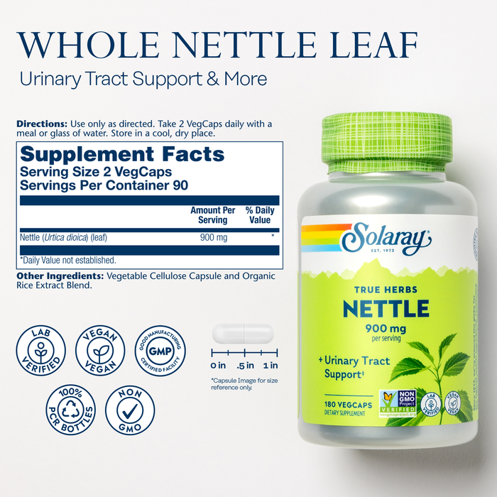 Solaray Nettle Leaf 450mg Healthy Kidney, Urinary & Prostate Support Traditional Use for Healthy Allergy Response & Respiratory Wellness 180 CT