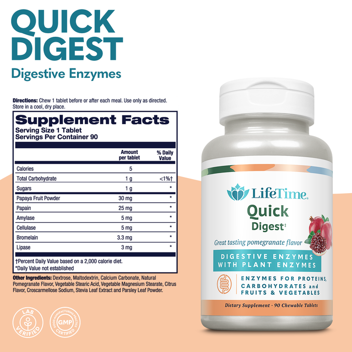 LifeTime Quick Digest Digestive Enzymes - Plant Enzymes for Proteins, Carbohydrates, Fruits and Vegetables - Digestive Health Support - Pomegranate Flavor - 90 Servings, 90 Chewable Tablets