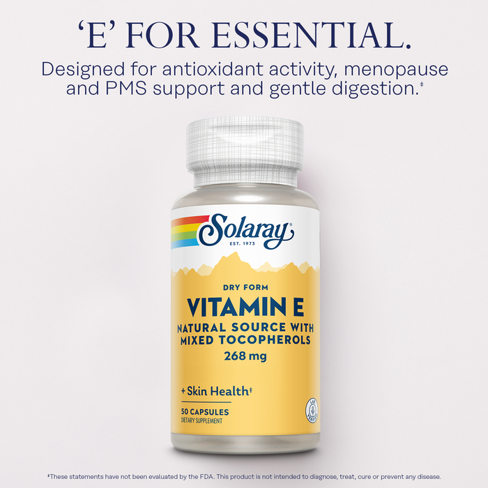 SOLARAY Vitamin E 400 IU (268mg), Dry Form - Natural Source, Mixed Tocopherols Vitamin E - Antioxidant Supplement, PMS and Menopause Support - 60-Day Guarantee, Lab Verified - 50 Servings, 50 Capsules