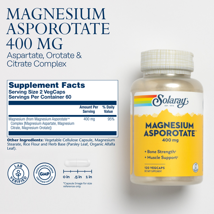 Solaray Magnesium Asporotate 400 mg, Aspartate, Orotate & Citrate Complex, Healthy Heart, Muscle, Nerve & Circulatory Function Support 180ct (60 Servings, 120 VegCaps)