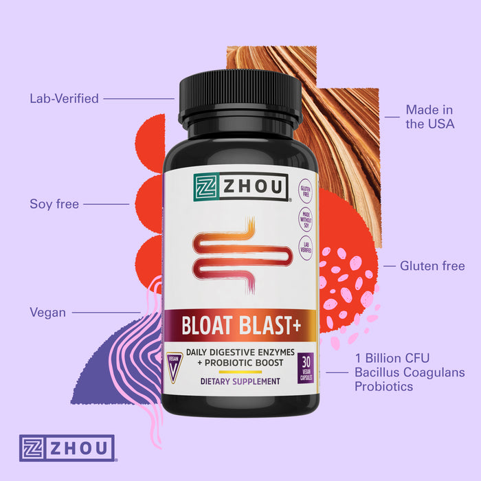 Zhou Nutrition Bloat Blast+ Digestive Enzymes with Probiotics, Bloating Relief for Women and Men, Reduce Water Retention and Improve Digestive Health, Vegan, Non-GMO, Gluten Free, 30 Servings