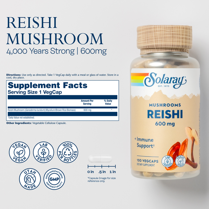 Solaray Reishi Mushroom 600mg - Reishi Mushroom Capsules for Immune Support - Vegan, Lab Verified - 60-Day Money-Back Guarantee - 100 Servings, 100 VegCaps