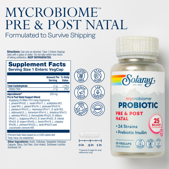 Solaray Mycrobiome Probiotic Pre and Post Natal Formula, Prenatal Probiotics for Women,  Pregnancy Wellness, Lactation, Stress, Mood, and Digestive Support, 25 Billion CFU, 30 Servings, 30 VegCaps