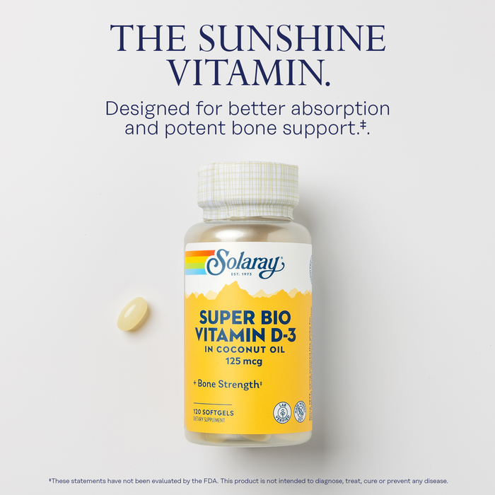 Solaray Super Bio Vitamin D3 in Coconut Oil - D3 Vitamin 5000 IU - Bone Health and Immune Support Supplement - Lab Verified, Made Wtihout Soy, 60-Day Guarantee - 120 Softgels, 120 Servings