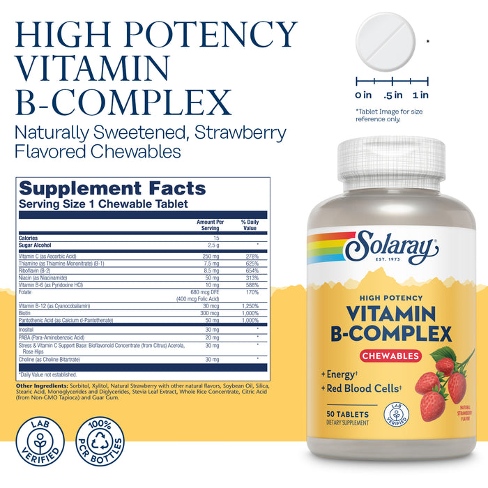 Solaray Vitamin B-Complex Chewables, Strawberry, Healthy Energy, Red Blood Cell, Stress & Metabolism Support, 50 Tablets