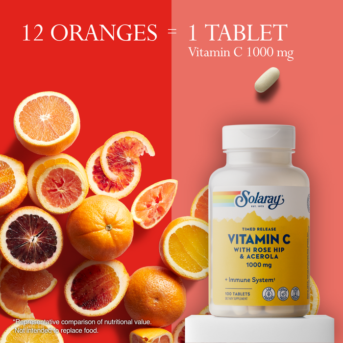 Solaray Vitamin C w/ Rose Hips & Acerola, 1000mg, Two-Stage Timed-Release Healthy Immune Function ( 100 Servings, 100 Tablets)