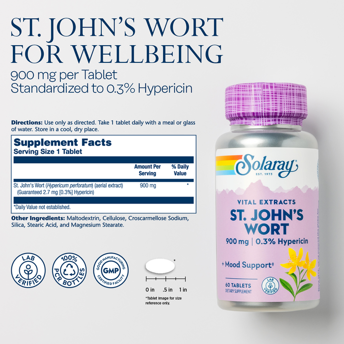 Solaray St. Johns Wort Aerial Extract One Daily 900mg , Standardized w/ 0.3% Hypericin for Mood Stability & Brain Health Support, Non-GMO
