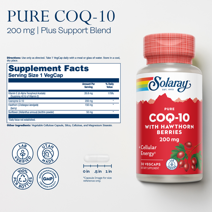 Solaray Pure CoQ-10 200 mg | Healthy Heart Function & Cellular Energy Support | Enhanced with Herb Blend | 30 VegCaps