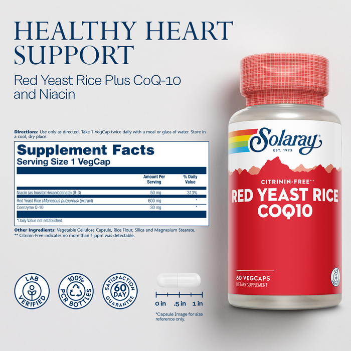 Solaray Red Yeast Rice 600 mg with CoQ10 and No Flush Niacin (Vitamin B3) - Heart Health Supplements - Non-Irradiated and Citrinin Free - 60-Day Guarantee, Lab Verified