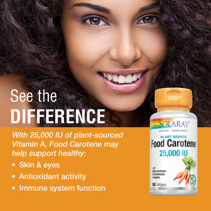 Solaray Food Carotene, Vitamin A as Beta Carotene 25000IU Carotenoids for Healthy Skin & Eyes, Antioxidant Activity & Immune System Support (076280041217) (50 CT)