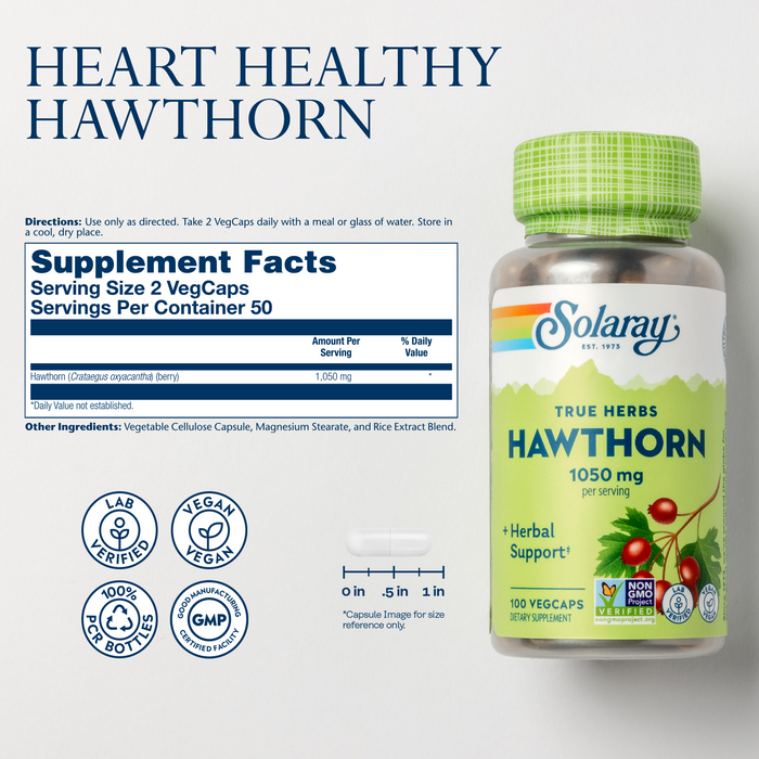 Solaray Hawthorn Berry Capsules 1050 mg, Hawthorne Supplement for Cardiovascular Function & Circulation Support, 60 Day Money-Back Guarantee, Whole Berry, Vegan, 50 Servings, 100 VegCaps